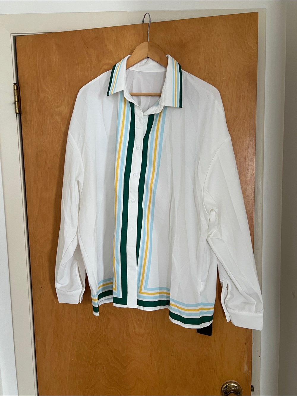 White Button-Up Jacket with Green & Yellow Stripe Trim